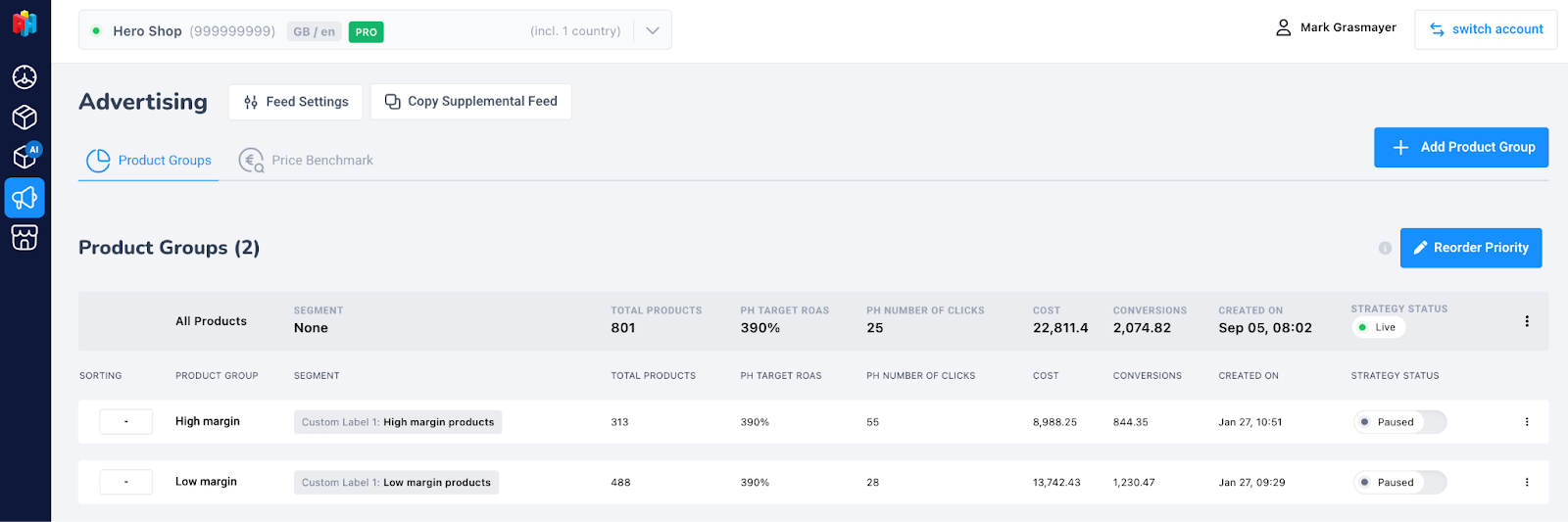 Producthero Platform showing the Adveritising tab, where you can set up labelizer strategy