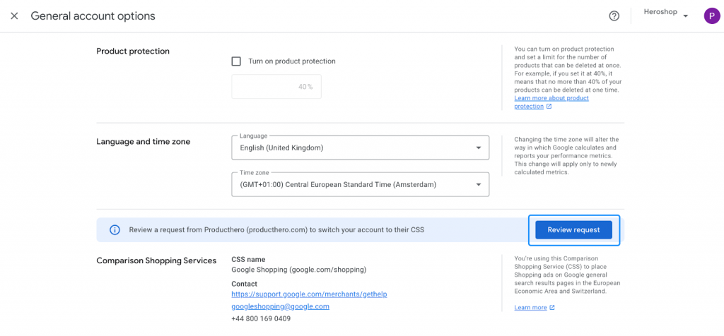 screenshot showing how you can review the switch request within Google Merchant Center Next